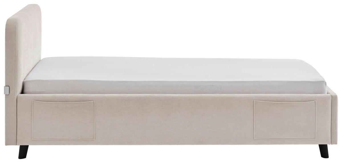 POLSTERBETT 90/200 cm,  in Schwarz, Beige, Lattenrost, Bettkasten, Betttasche,  - Birkefarben/Beige, KONVENTIONELL, Holz/Textil (90/200cm) - Boxxx
