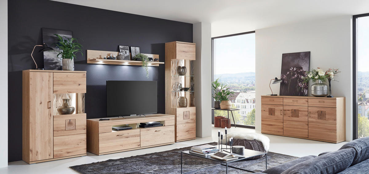 WOHNWAND  in Alteiche 330/208,3/50,2 cm  - Alteiche/Silberfarben, Konventionell, Glas/Holz (330/208,3/50,2cm) - Livetastic