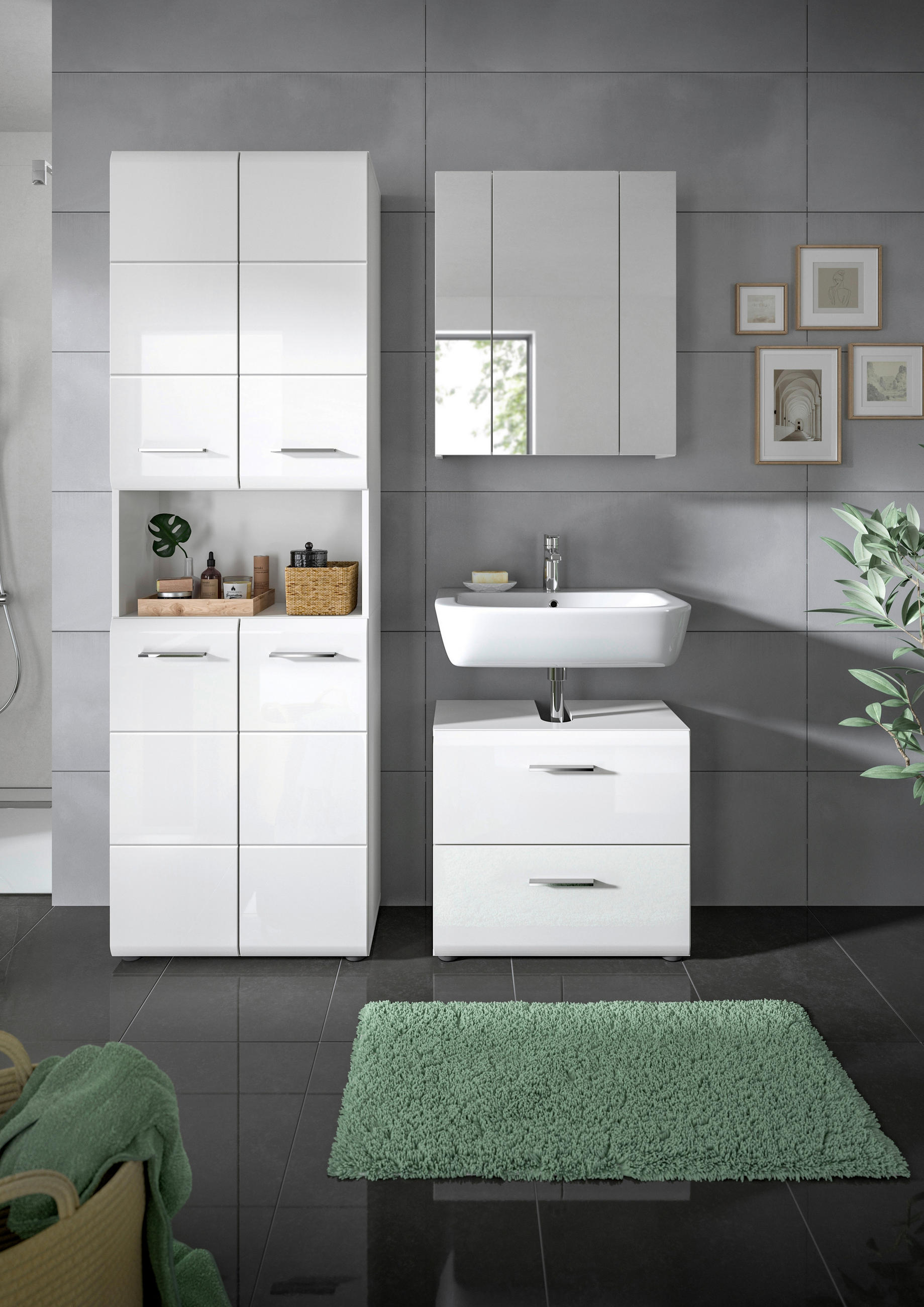 BADEZIMMER 3-teilig  in 120 cm  - Weiß Hochglanz/Silberfarben, MODERN, Glas/Holzwerkstoff (120cm) - MID.YOU