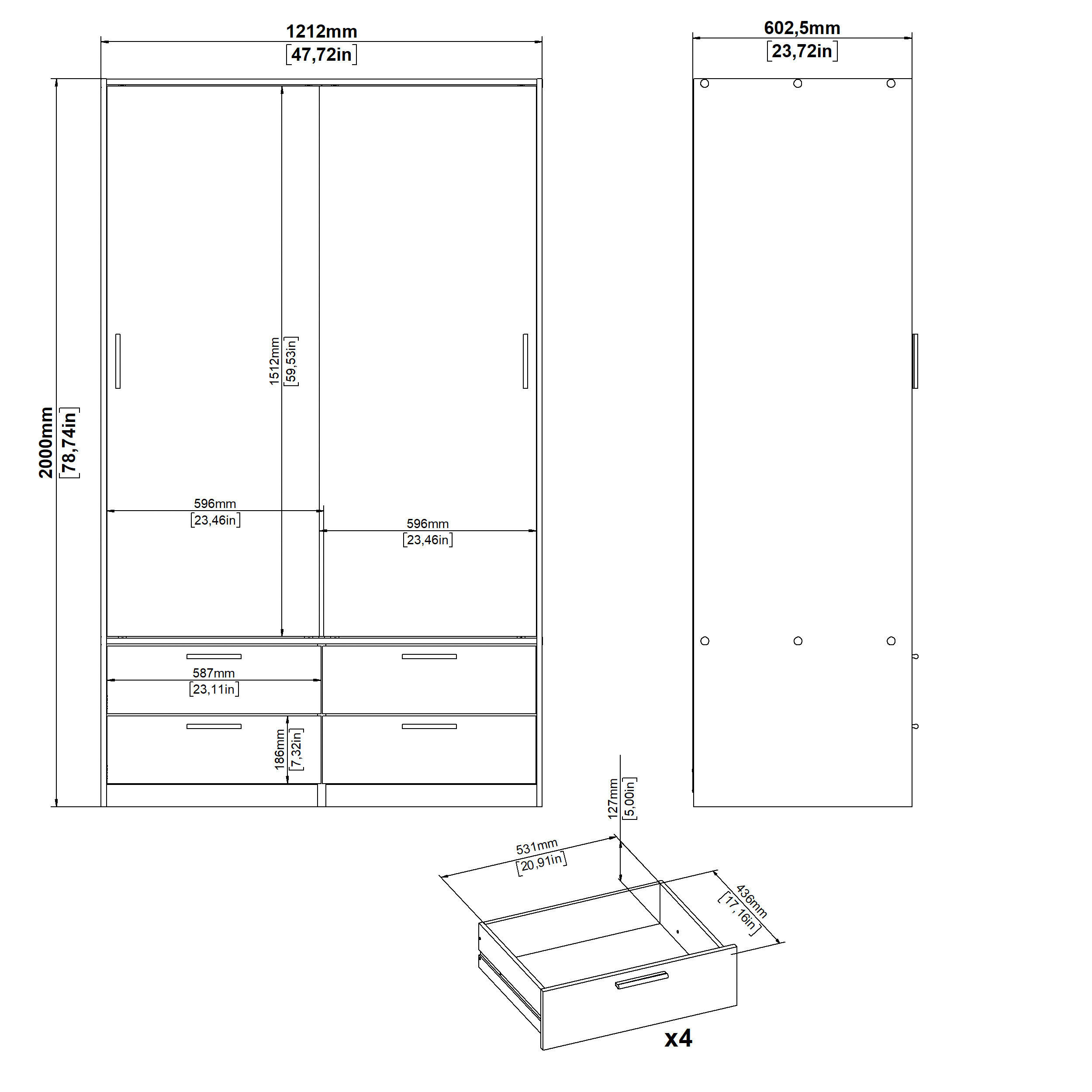 Thumbnail - Mid.you Schiebetürenschrank, Weiß, Metall, 3 Fächer, 4 Schubladen, 121.2x200x60.3 cm, Schlafzimmer, Kleiderschränke, Sch...