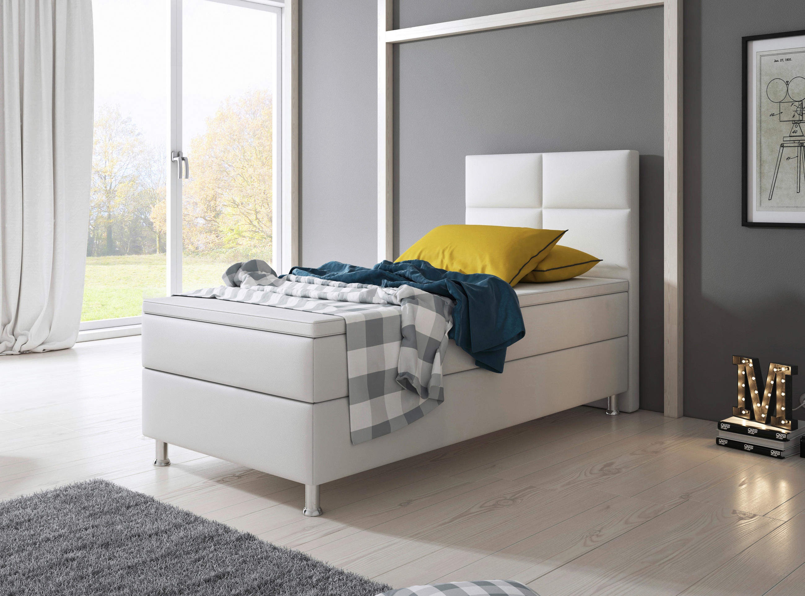 BOXSPRINGBETT  in Weiß, Matratze, gepolstertes Kopfteil, Topper, Matratzen, H3 = fest  - Silberfarben/Weiß, KONVENTIONELL, Leder/Textil (90/115/210cm) - MID.YOU