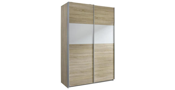 SCHWEBETÜRENSCHRANK 136/210/62 cm 2-türig Weiß, Sonoma Eiche - Alufarben/Weiß, Basics, Holzwerkstoff/Metall (136/210/62cm) - Carryhome