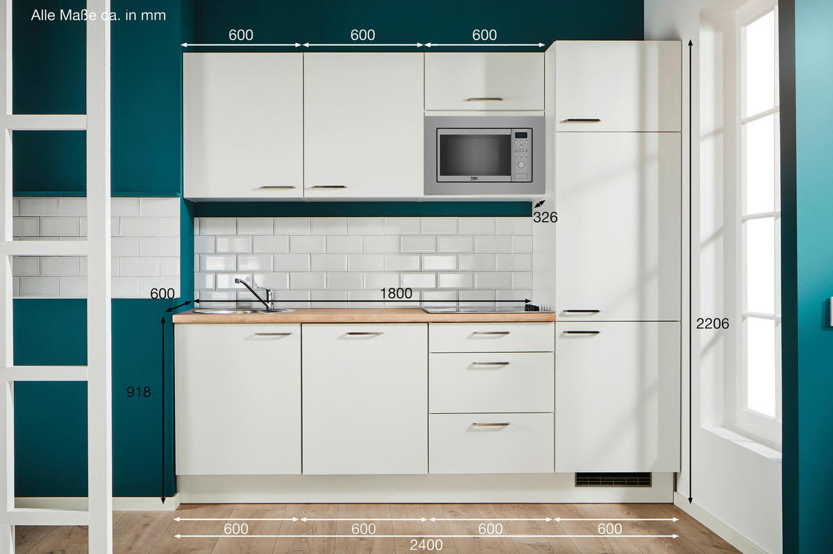 KÜCHENLEERBLOCK 240 cm   in Weiß, Eichefarben  - Edelstahlfarben/Eichefarben, Design, Holzwerkstoff/Metall (240cm) - Pino