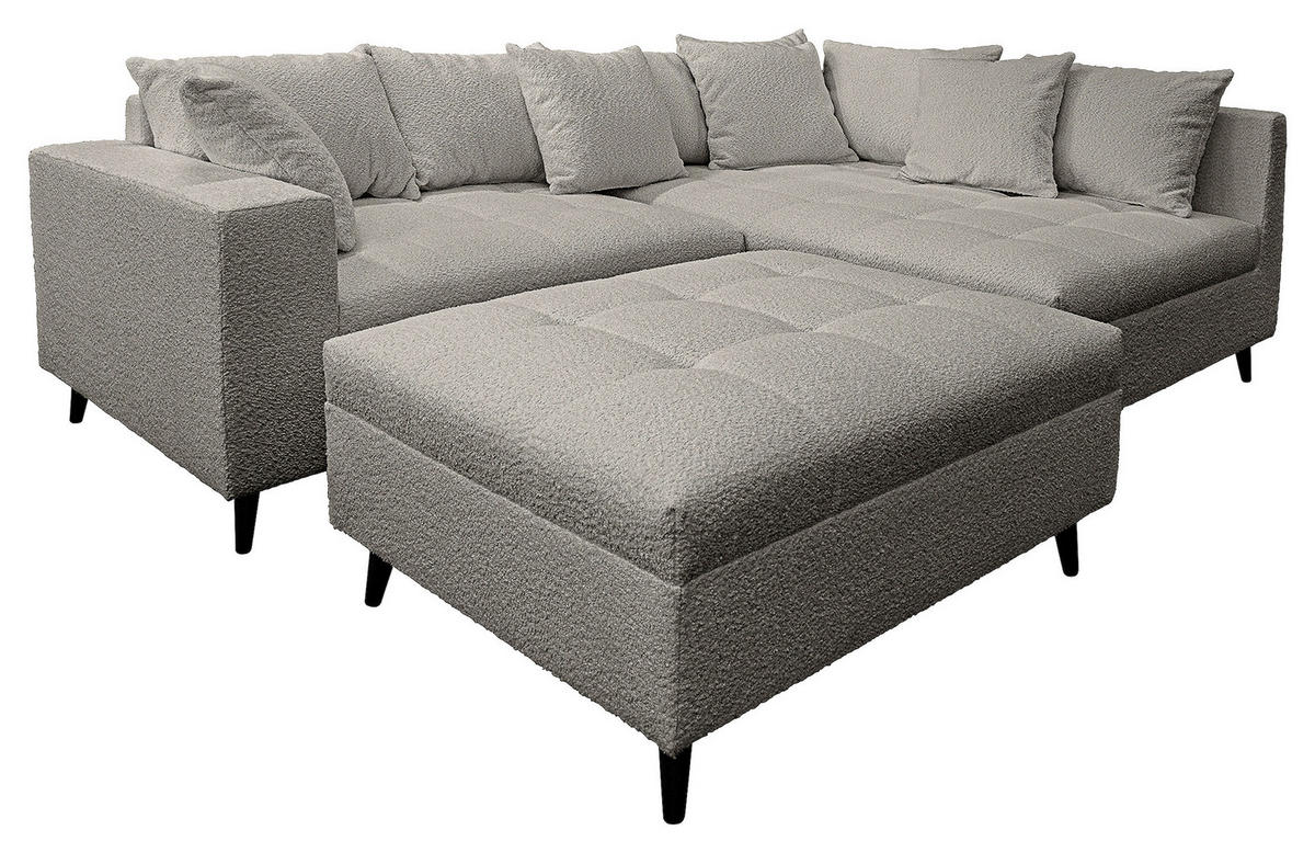 Ecksofa inkl. Hocker in Bouclé Dunkelgrau  - Dunkelgrau/Schwarz, Design, Holz/Textil (247/174cm) - MID.YOU