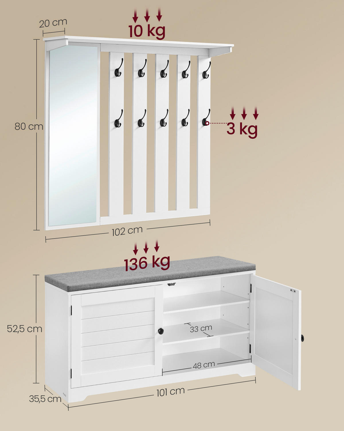 GARDEROBE  in 102/132,5/35,5 cm  - Weiß, Trend, Glas/Holzwerkstoff (102/132,5/35,5cm) - Boxxx