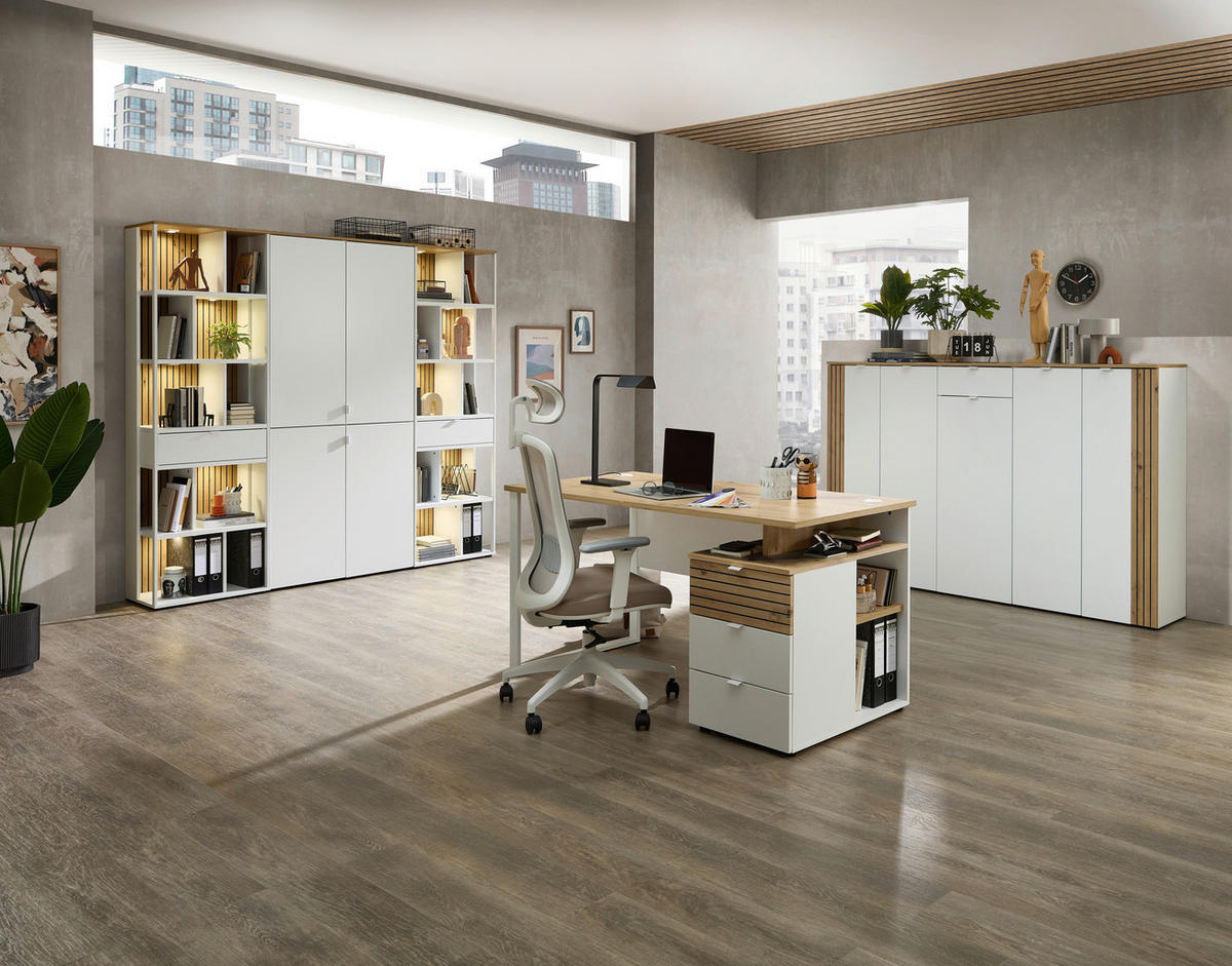 SCHREIBTISCH 150/77/73 cm Weiß, Eiche Artisan Kabeldurchlass, Stauraum  - Weiß/Eiche Artisan, KONVENTIONELL, Holzwerkstoff/Metall (150/77/73cm) - Voleo