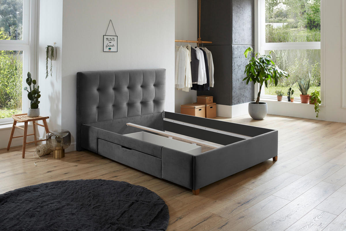 STOPPAD SÄNG 140/200 cm  i grå  - grå/naturfärgad, Modern, trä/textil (140/200cm) - Carryhome