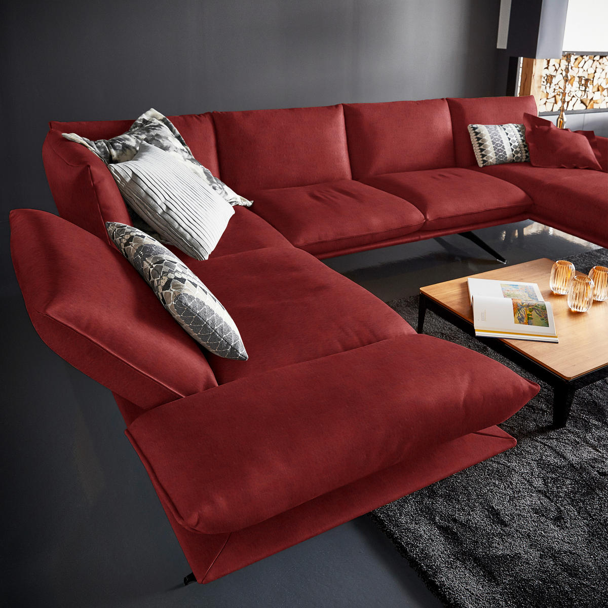 WOHNLANDSCHAFT in Echtleder Rot  - Rot/Schwarz, Natur, Leder/Metall (217/359/155cm) - Dieter Knoll