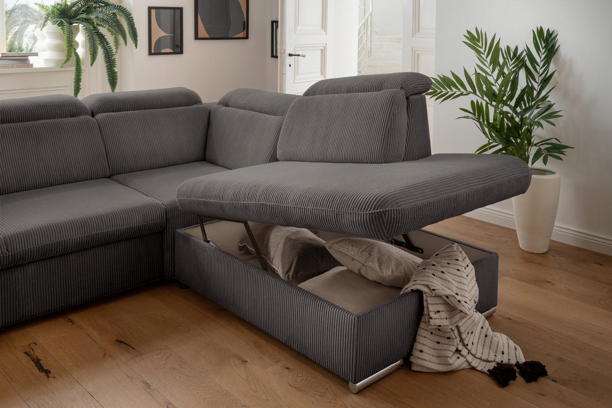 ECKSOFA Grau Cord  - Chromfarben/Grau, Design, Textil/Metall (283/228cm) - Livetastic