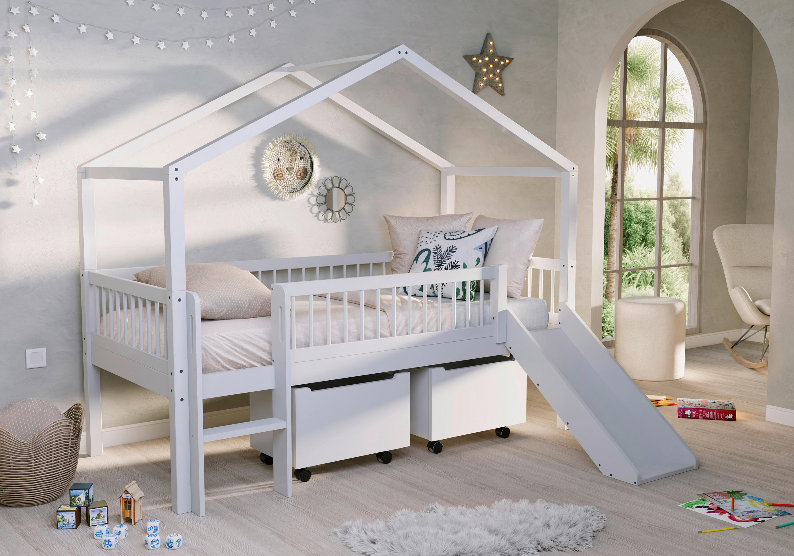 HAUSBETT Absturzsicherung, Leiter, Rutsche, Rollrost, Bettschublade 90/200 cm  - Naturfarben/Weiß, MODERN, Holz (90/200cm) - MID.YOU