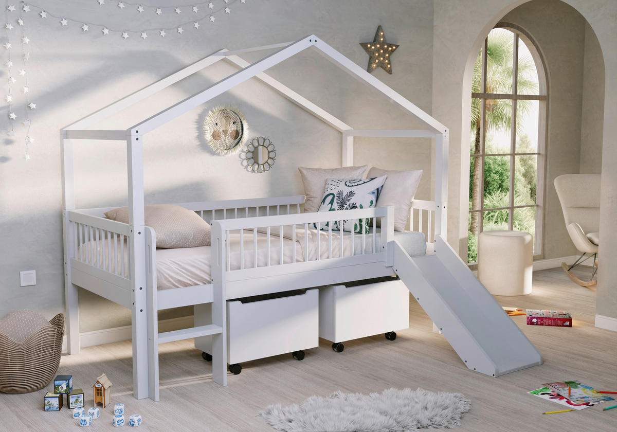 HAUSBETT Absturzsicherung, Leiter, Rutsche, Rollrost, Bettschublade 90/200 cm  - Naturfarben/Weiß, MODERN, Holz (90/200cm) - MID.YOU