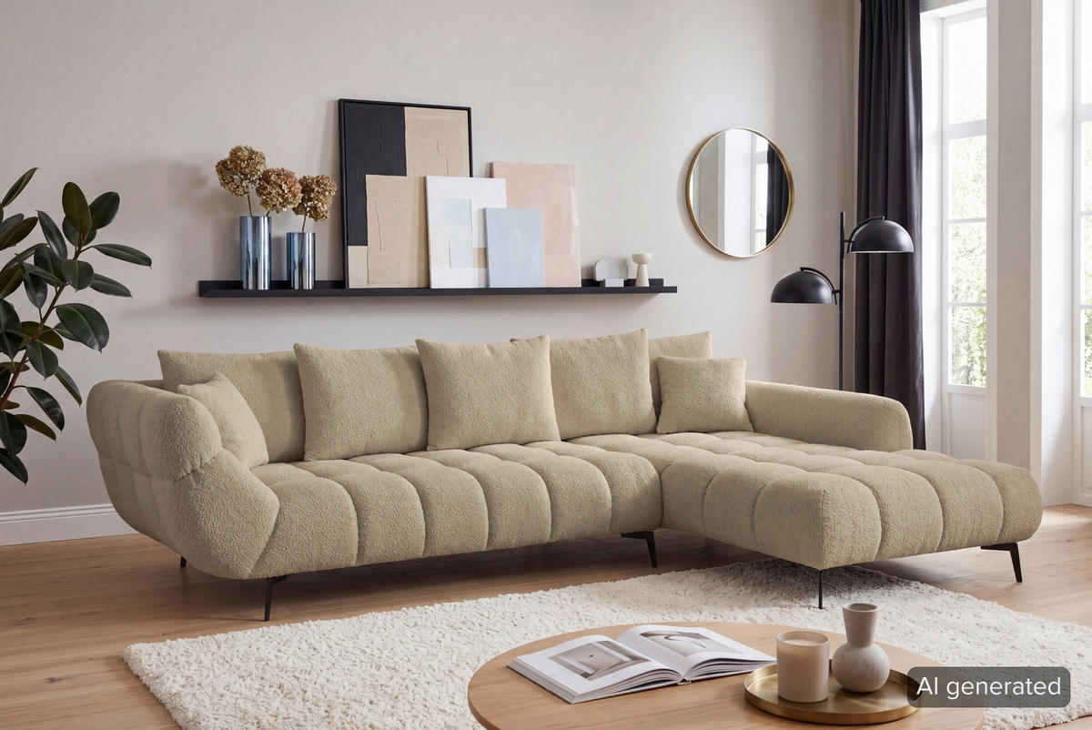 ECKSOFA 318/217 cm  in Bouclé Taupe Zierkissen, Rückenkissen, Rücken echt  318/217 cm  - Taupe/Schwarz, MODERN, Textil/Metall (318/217cm) - Carryhome