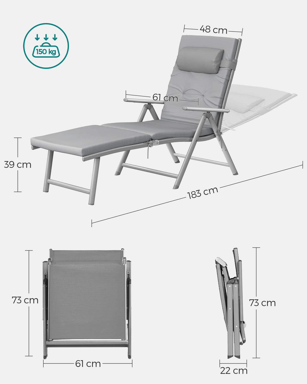 SONNENLIEGE 61/39/183 cm  - Grau, Basics, Textil/Metall (61/39/183cm) - Modante
