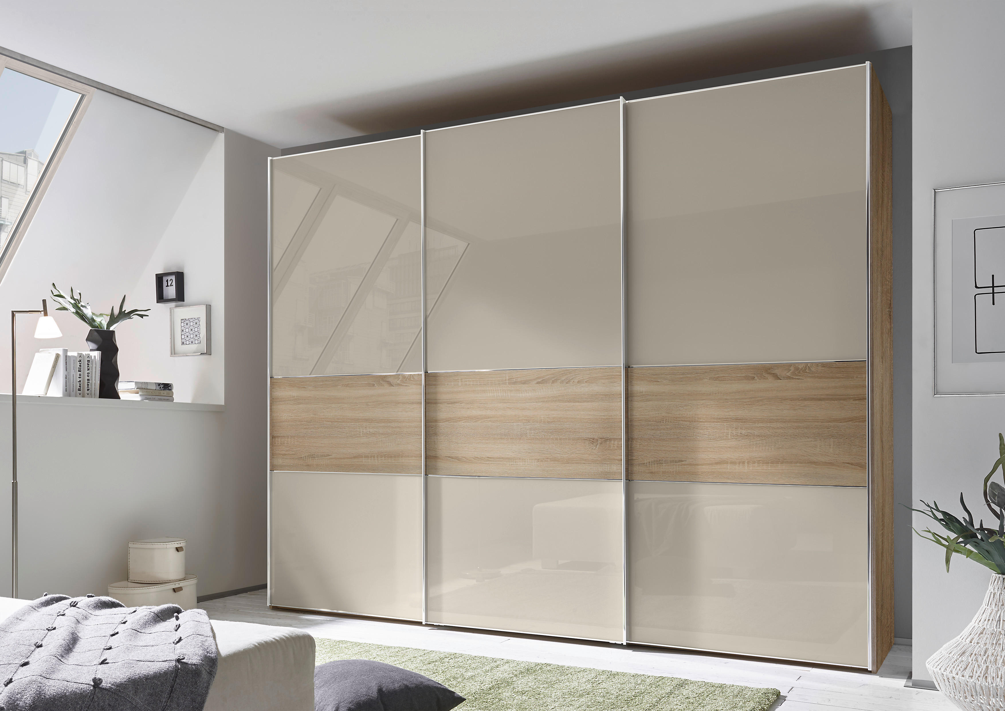 SCHWEBETÜRENSCHRANK in Eichefarben, Sandfarben  - Sandfarben/Chromfarben, Basics, Glas/Holzwerkstoff (280/240/68cm) - Moderano