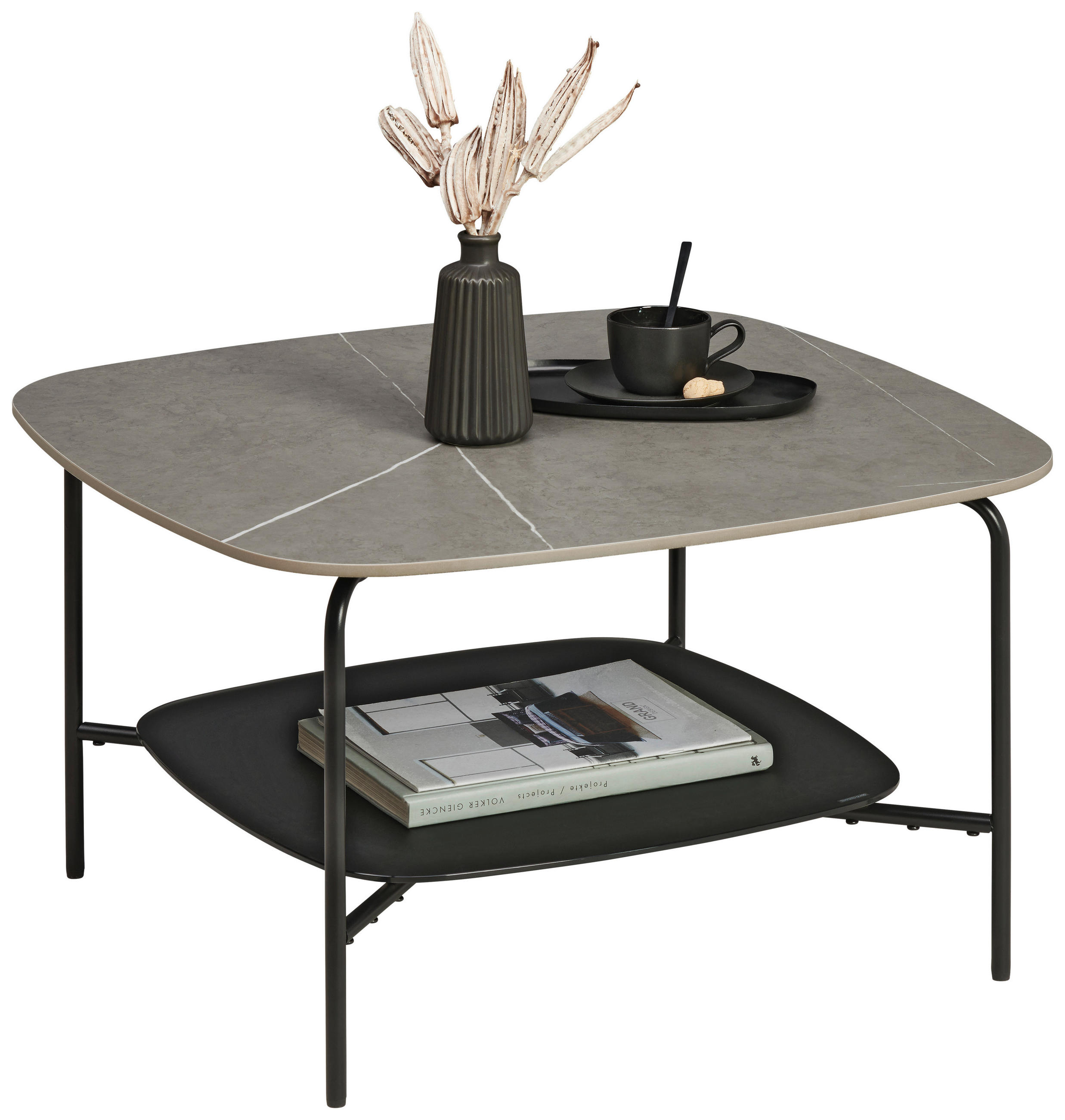 SOFFBORD i metall, glas, sten 75/75/42 cm  - svart/grå, Design, metall/glas (75/75/42cm) - Carryhome