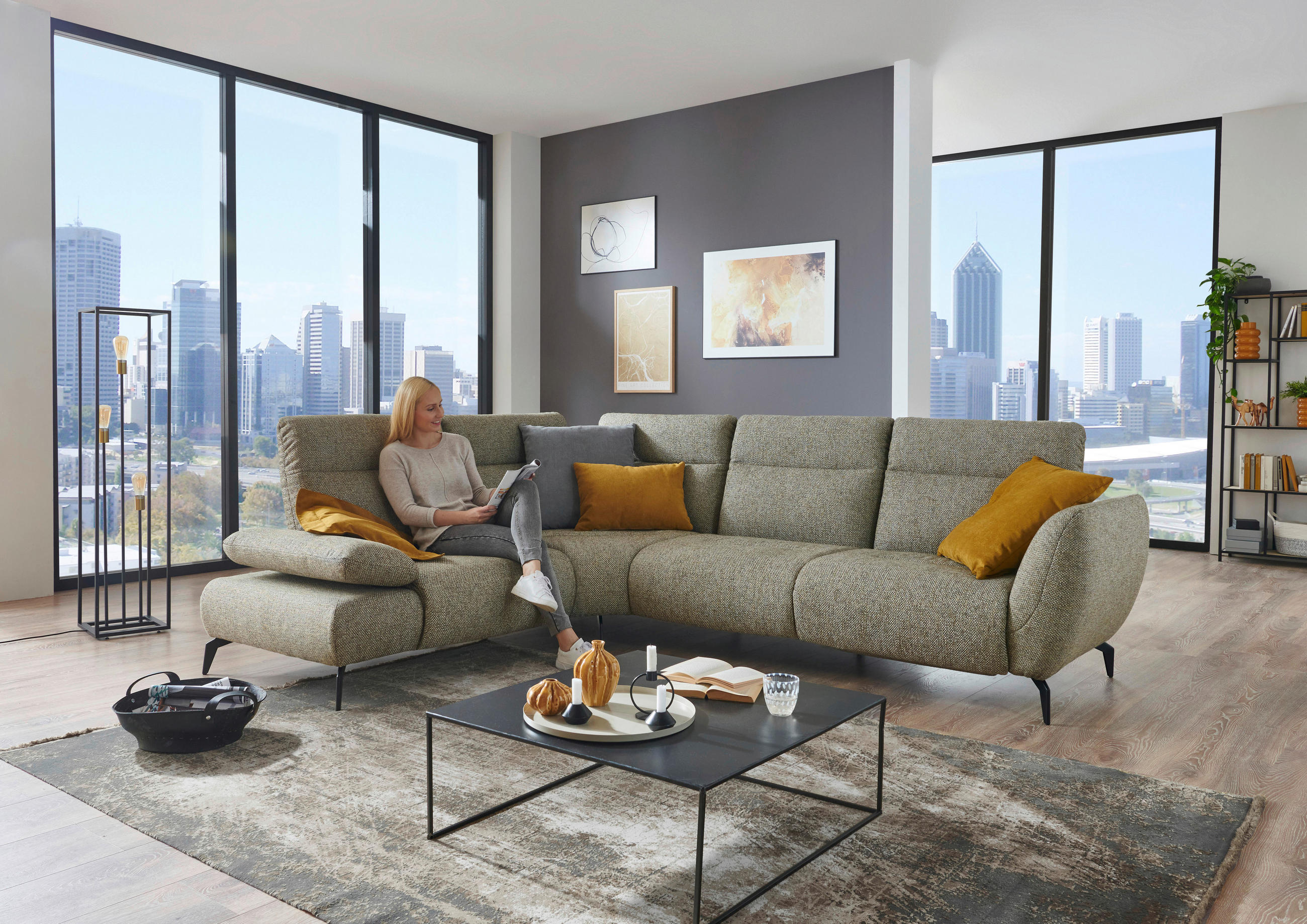 ECKSOFA in Webstoff Graubraun  - Graubraun/Schwarz, Design, Textil/Metall (223/290cm) - Moderano