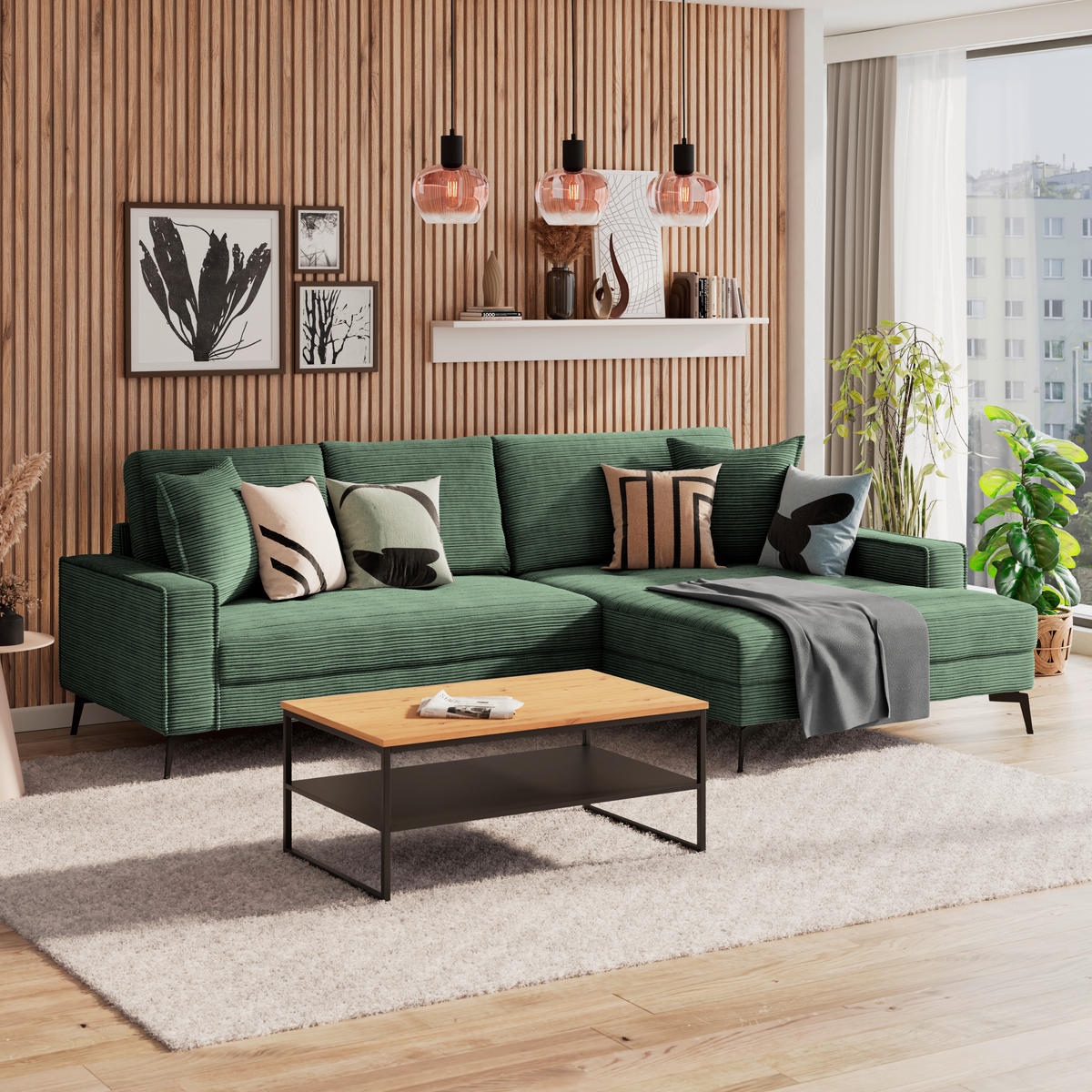 ECKSOFA ZERO Grün Cord Zierkissen, Rückenkissen  - Schwarz/Grün, Trend, Textil/Metall (286/173cm) - Livetastic