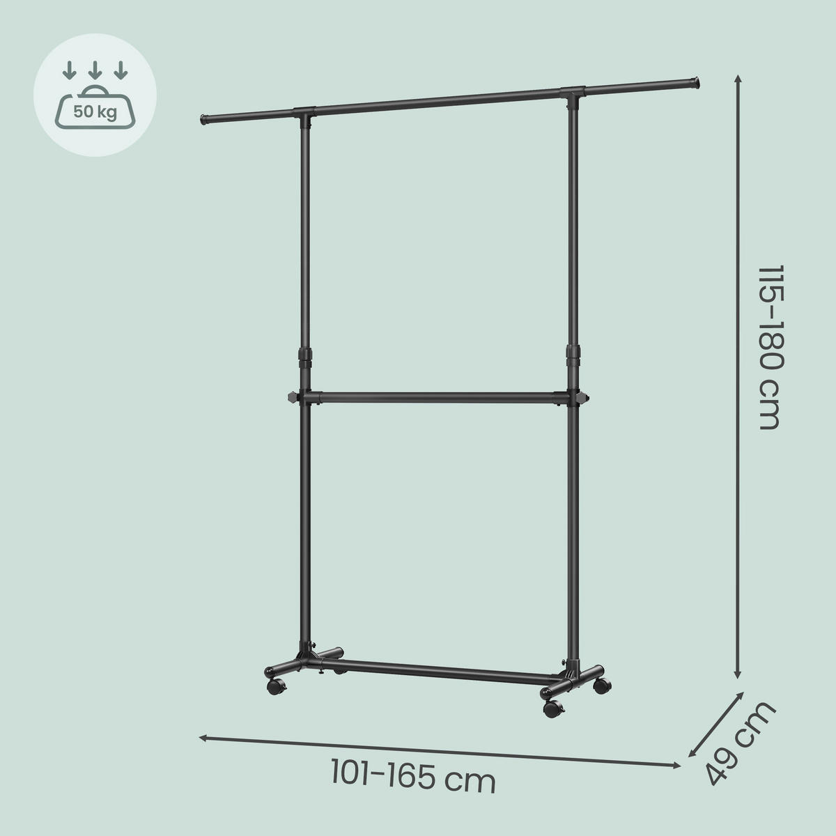 KLEIDERWAGEN in Schwarz 101-165/115-180/49 cm   - Schwarz, Trend, Kunststoff/Metall (101-165/115-180/49cm) - Boxxx