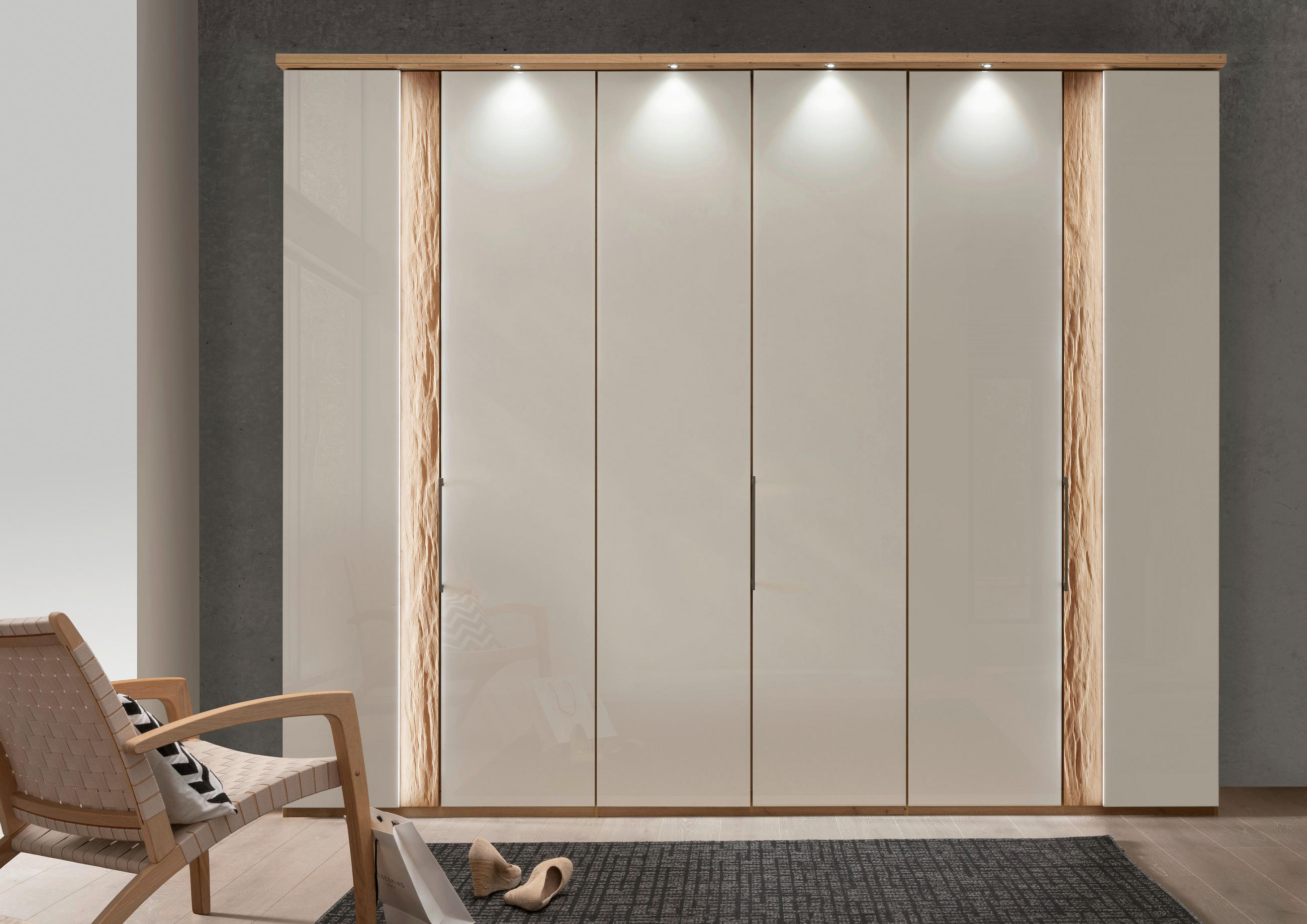 OMARA S KLASIČNIMI VRATI, delno masivno hrast barve skrilavca, barve šampanjca, hrast bianco  - barve šampanjca/barve skrilavca, Design, kovina/steklo (300/216/58cm) - Dieter Knoll