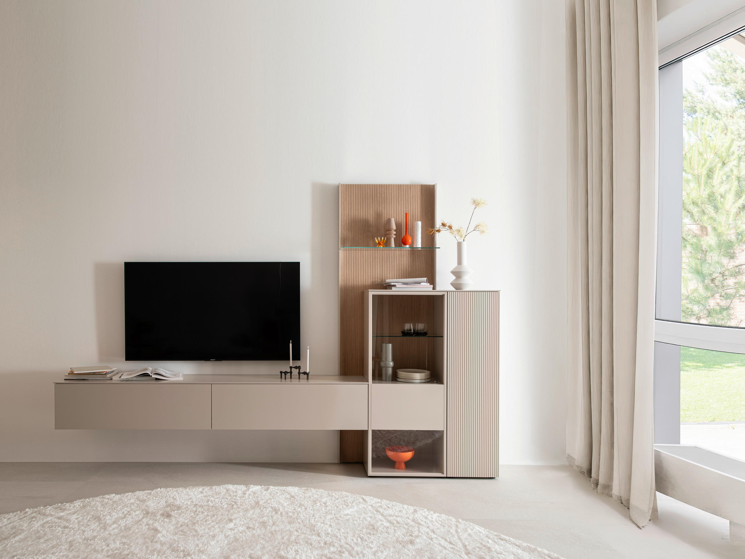 WOHNWAND  in Eichefarben, Kaschmir  340/234/45 cm  - Kaschmir/Eichefarben, Design, Glas/Holz (340/234/45cm) - Schöner Wohnen