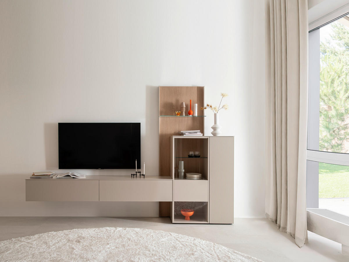 WOHNWAND  in Eichefarben, Kaschmir 340/234/45 cm  - Kaschmir/Eichefarben, Design, Glas/Holz (340/234/45cm) - Schöner Wohnen