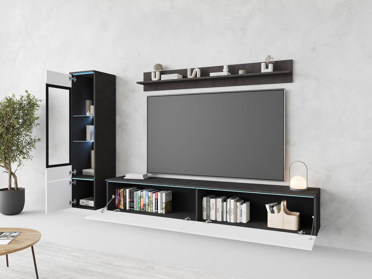 HYLLKOMBINATION 3 delar  i antracit, vit högglans  210/130/33 cm  - vit högglans/grå, Basics, trämaterial/glas (210/130/33cm) - P & B
