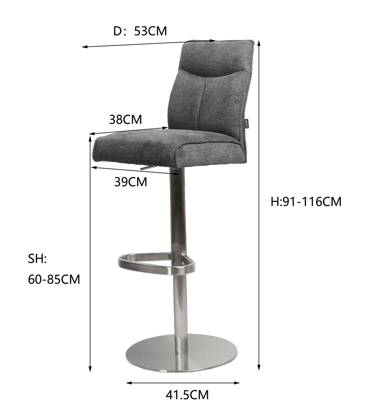 BARHOCKER in Metall, Textil Braun, Edelstahlfarben  - Edelstahlfarben/Braun, Design, Textil/Metall (38/117/52cm) - Novel