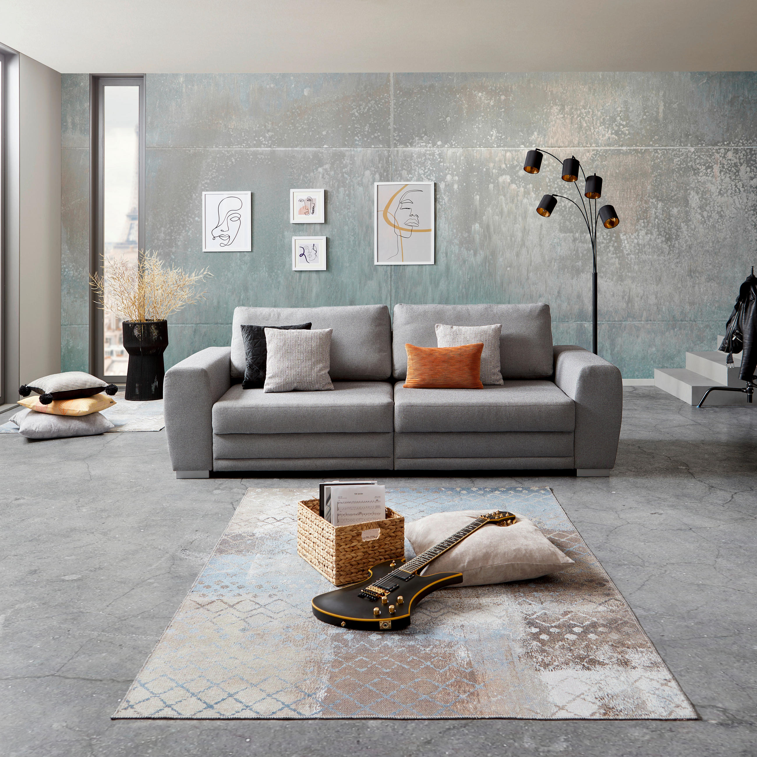 3-SITZER-SOFA Webstoff Grau  - Chromfarben/Grau, Design, Kunststoff/Textil (252/87/107cm) - Livetastic