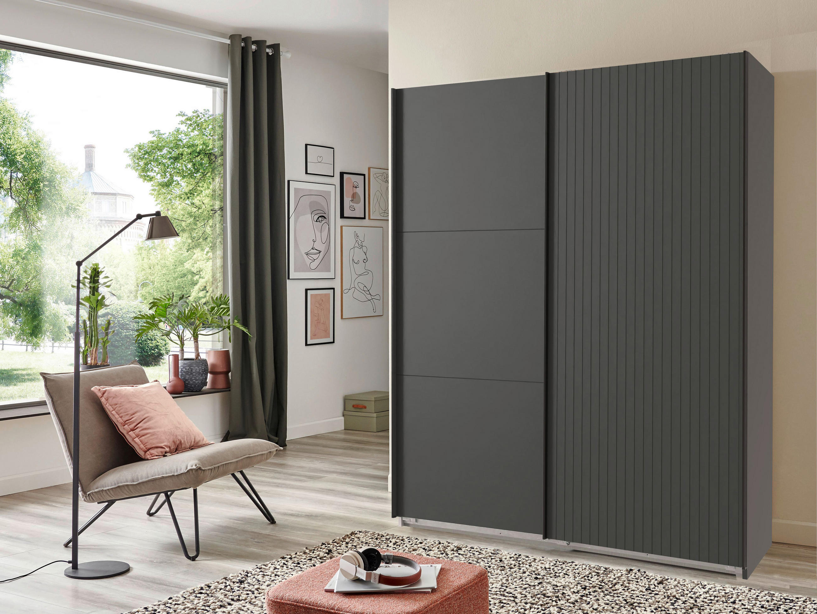 GARDEROB MED SKJUTDÖRRAR 200/216/65 cm 2-dörrar - grafitfärgad/svart, Modern, metall/trämaterial (200/216/65cm) - MID.YOU