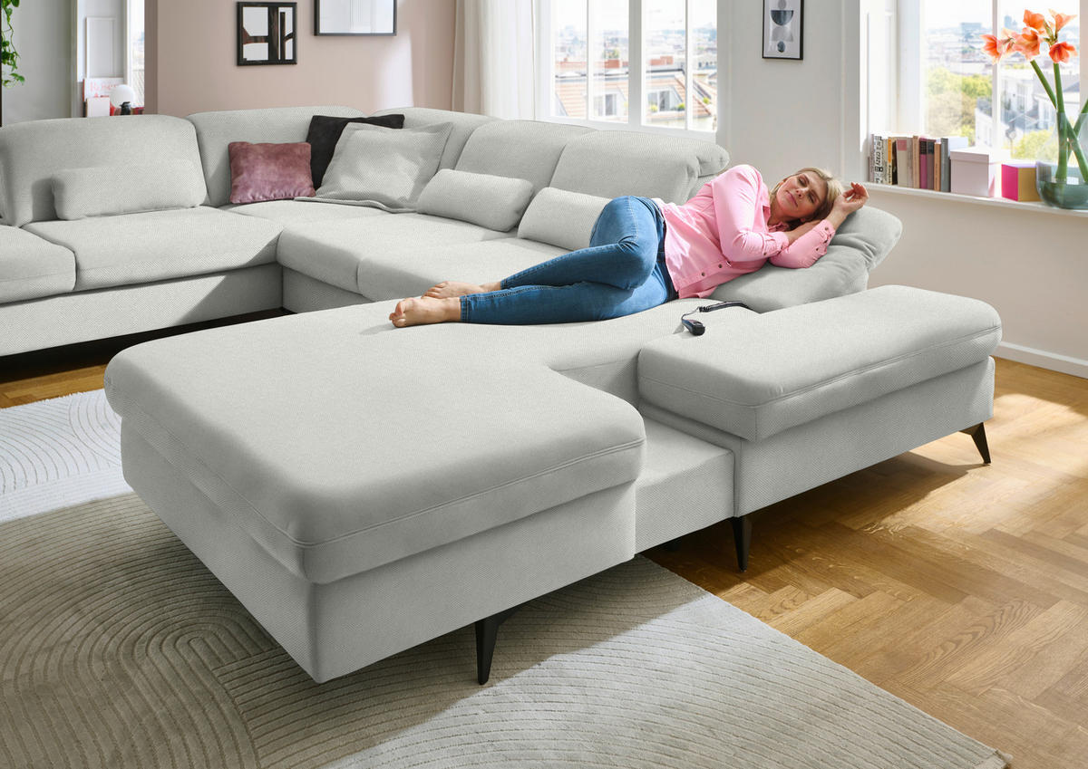 WOHNLANDSCHAFT Chenille Ecru  - Ecru/Schwarz, Design, Textil/Metall (255/364/198cm) - Beldomo Style