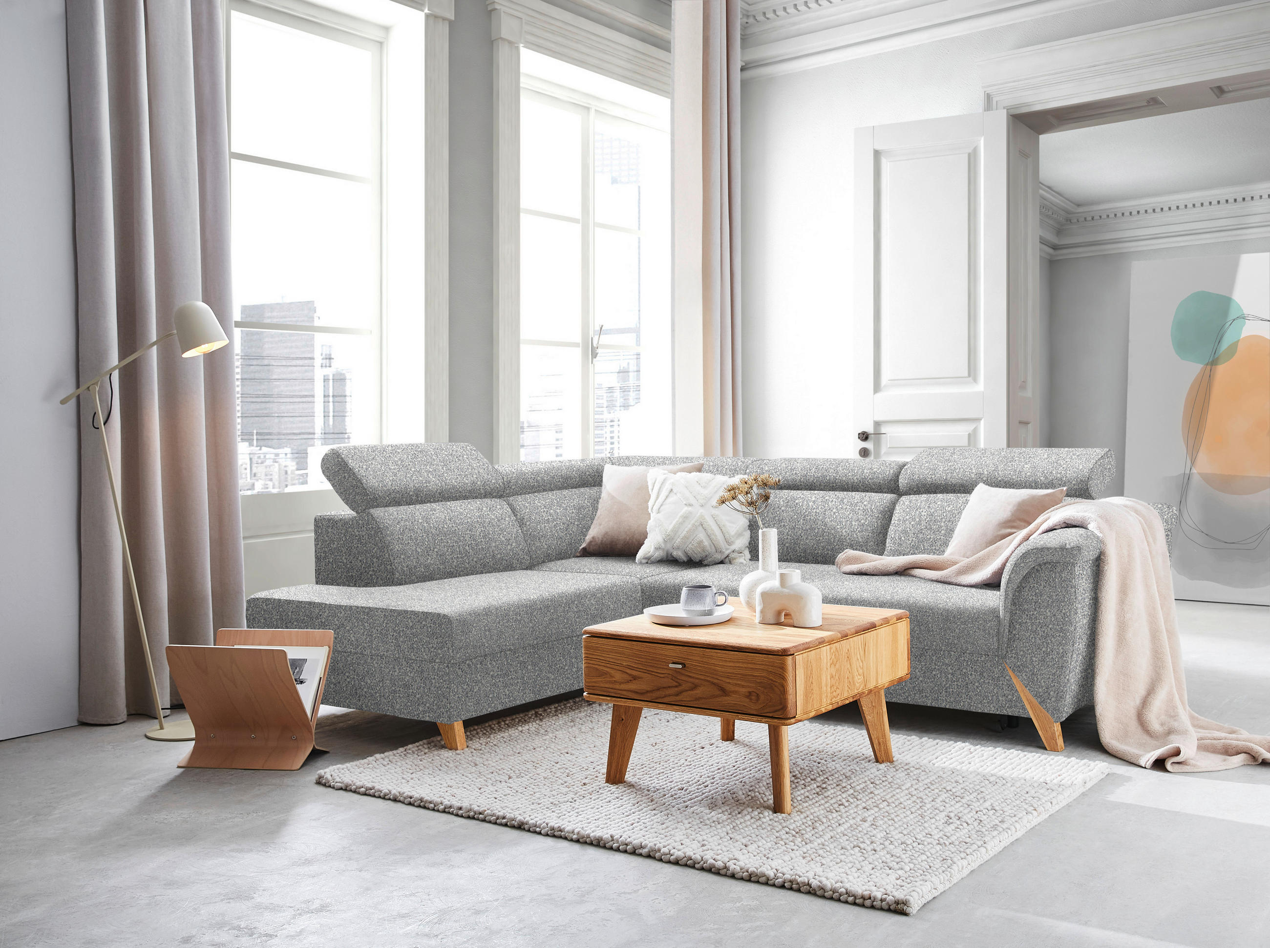 ECKSOFA in Bouclé Grau  200/265 cm  - Naturfarben/Grau, KONVENTIONELL, Holz/Textil (200/265cm) - Stylife