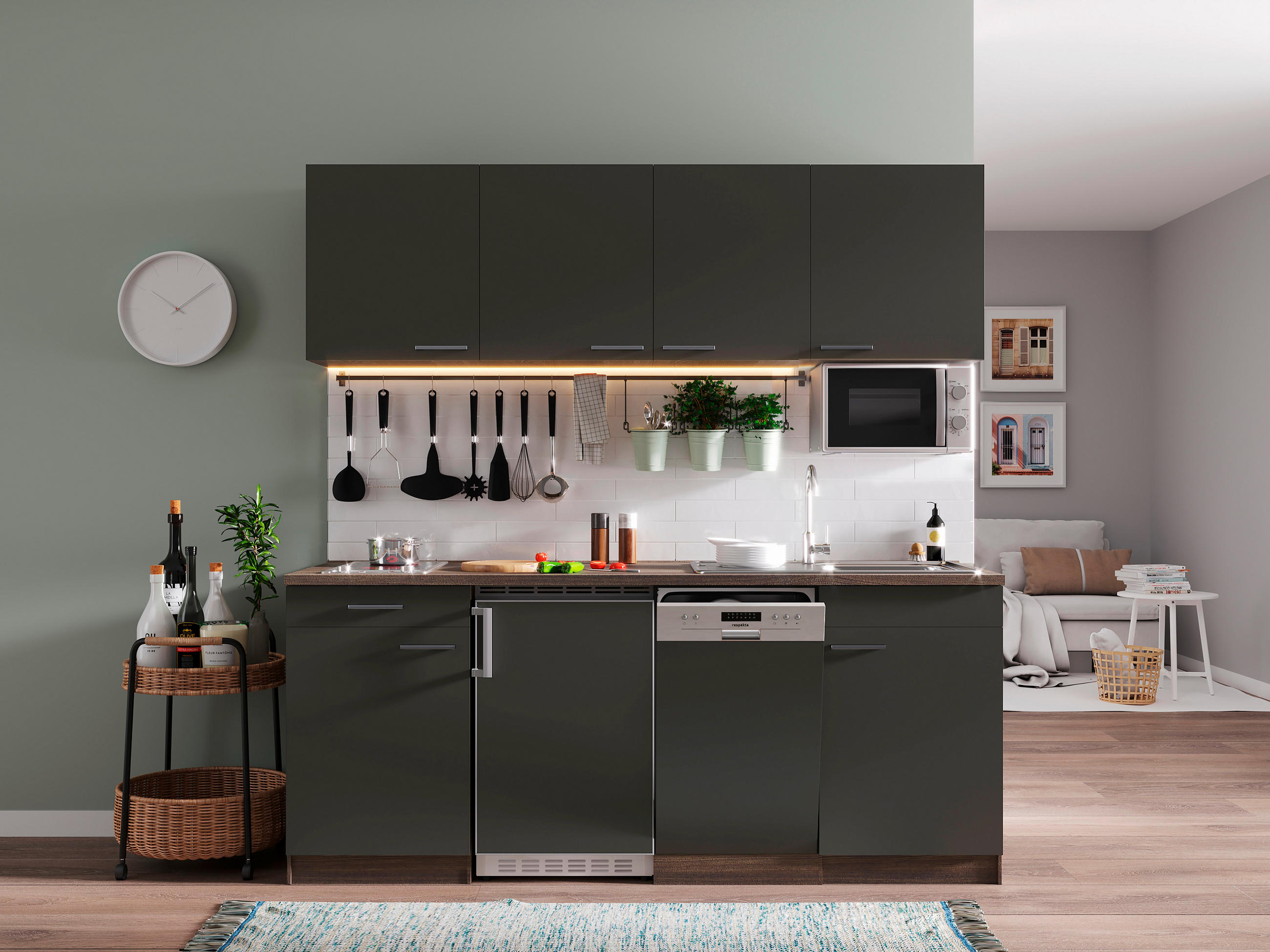 KÜCHENBLOCK 195 cm   in Grau, Eichefarben  - Eichefarben/Grau, Basics, Holzwerkstoff (195cm) - Respekta