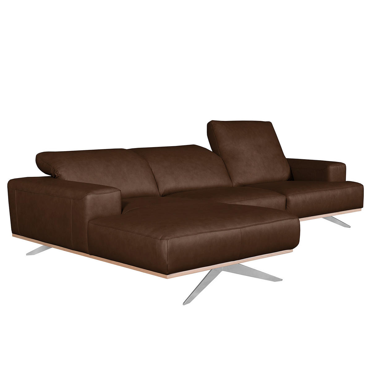 ECKSOFA Dunkelbraun Echtleder Rücken echt, Kopfteilverstellung  - Chromfarben/Dunkelbraun, Design, Leder/Metall (187/295cm) - Livetastic