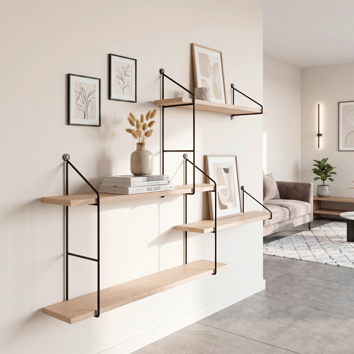 DEKORATIONSVÄGGHYLLA 99/62/17,5 cm  - svart/naturfärgad, Basics, metall/trä (99/62/17,5cm) - Ambia Home