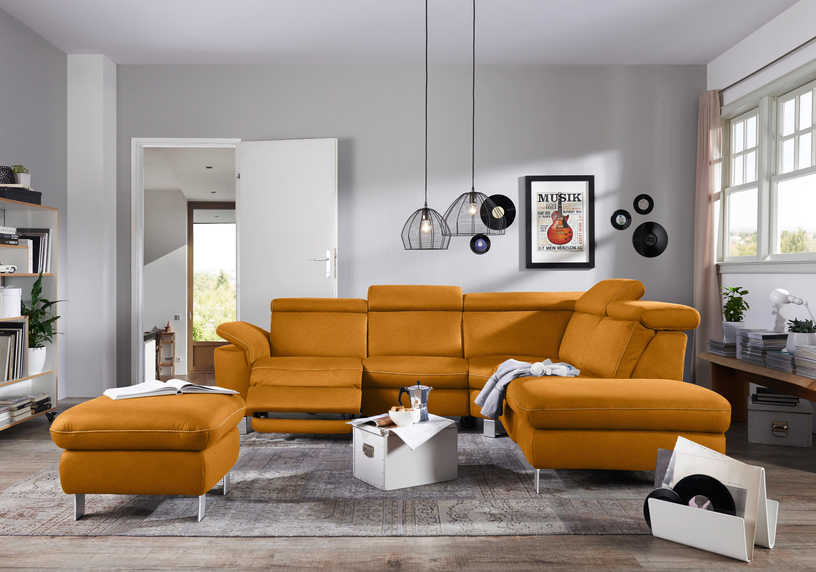 ECKSOFA in Flachgewebe, Mikrofaser Orange  - Beige/Alufarben, Design, Textil/Metall (271/242cm) - Cantus