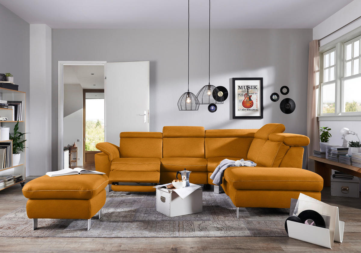 ECKSOFA in Flachgewebe, Mikrofaser Orange  271/242 cm  - Beige/Alufarben, Design, Textil/Metall (271/242cm) - Cantus