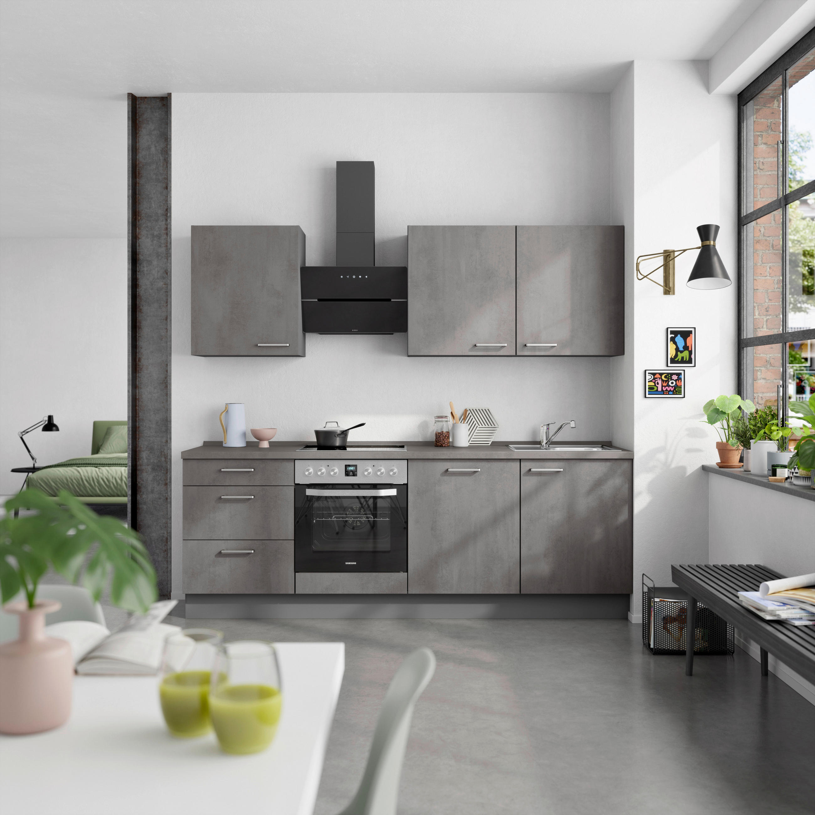 KÜCHENBLOCK Riva 240 cm  in Schieferfarben  - Schieferfarben/Edelstahlfarben, MODERN, Holzwerkstoff/Metall (240cm) - Nobilia