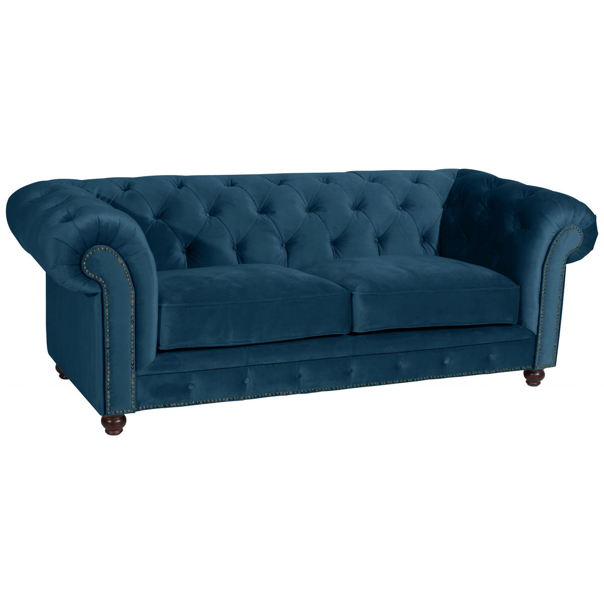 CHESTERFIELD-SOFA Orleans in Samt, Velours Petrol  - Nussbaumfarben/Petrol, Design, Holz/Textil (216/77/100cm) - Max Winzer