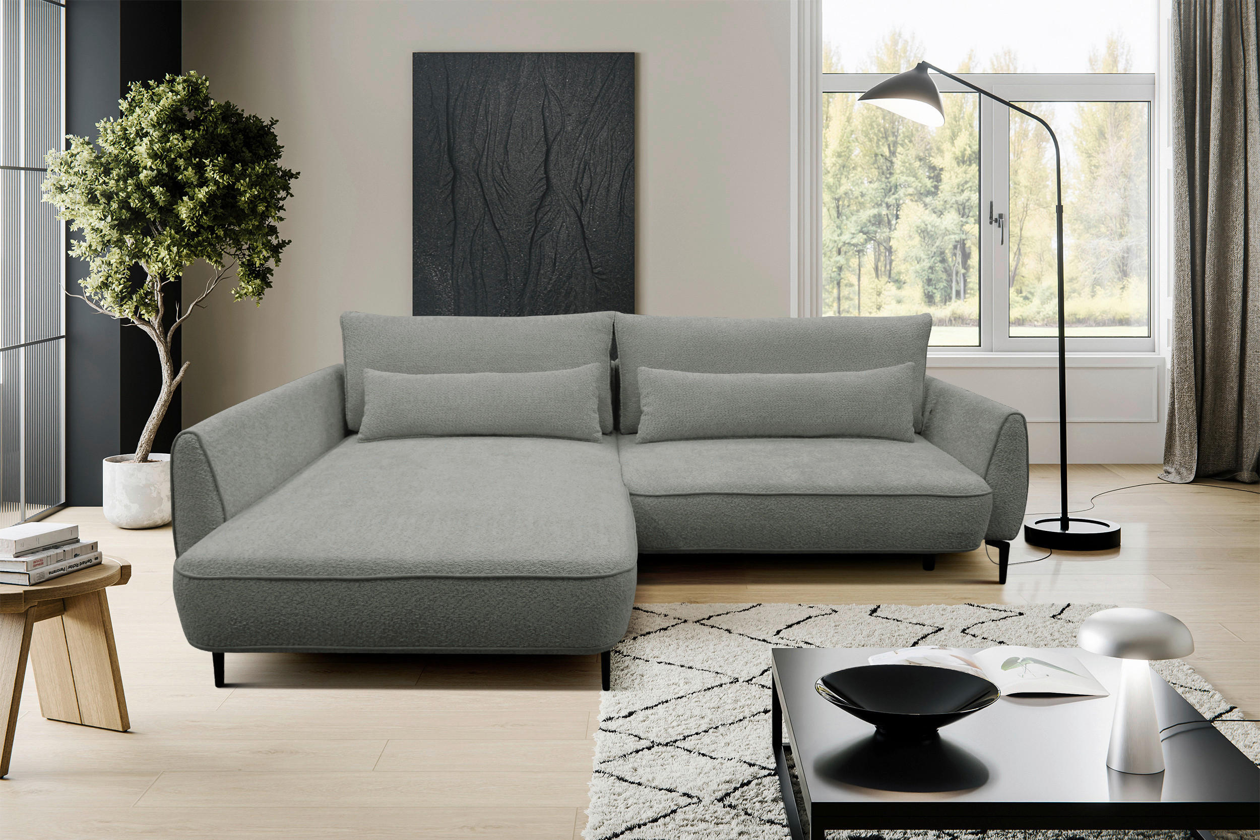 ECKSOFA ABRIAMO Grau Bouclé Bettkasten, Schlaffunktion  - Creme/Schwarz, Design, Textil/Metall (204/273cm) - MID.YOU