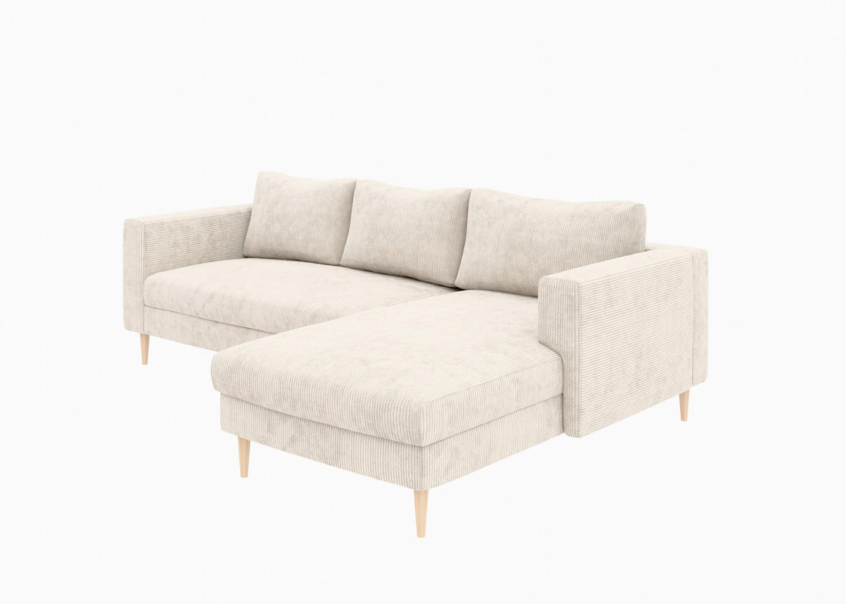 ECKSCHLAFSOFA  mit Rücken echt, Armteil links, Armteil rechts Cord Creme  - Buchefarben/Creme, MODERN, Holz/Textil (232/161cm) - Trendmanufaktur