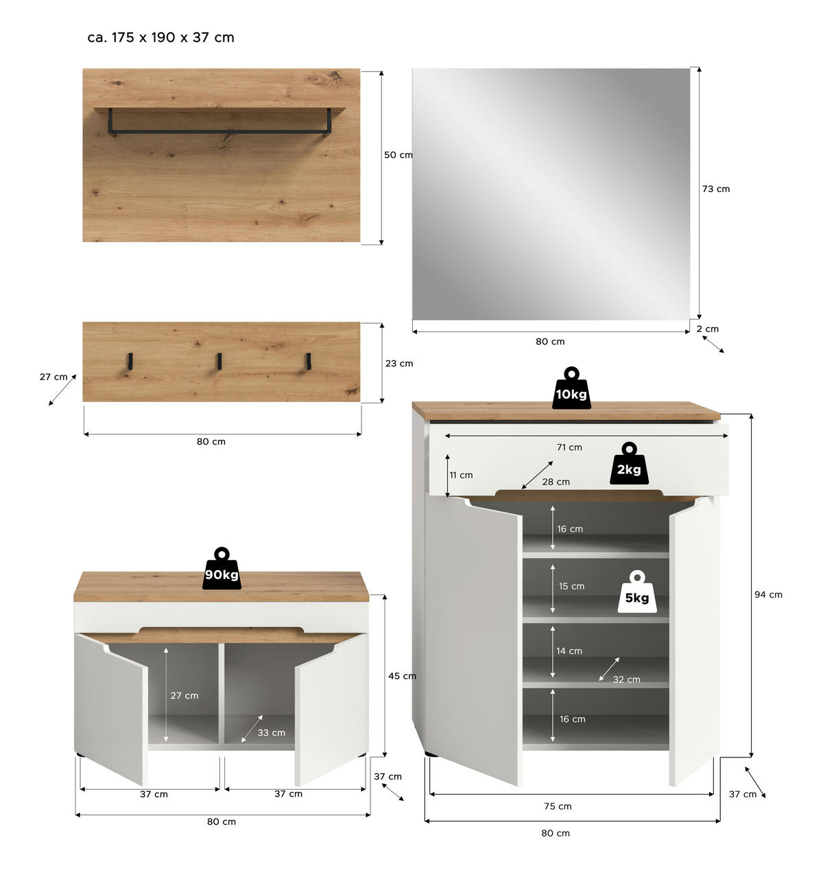 GARDEROBE 4-teilig  in 175/190/37 cm  - Weiß/Eiche Artisan, Design, Holzwerkstoff (175/190/37cm) - MID.YOU