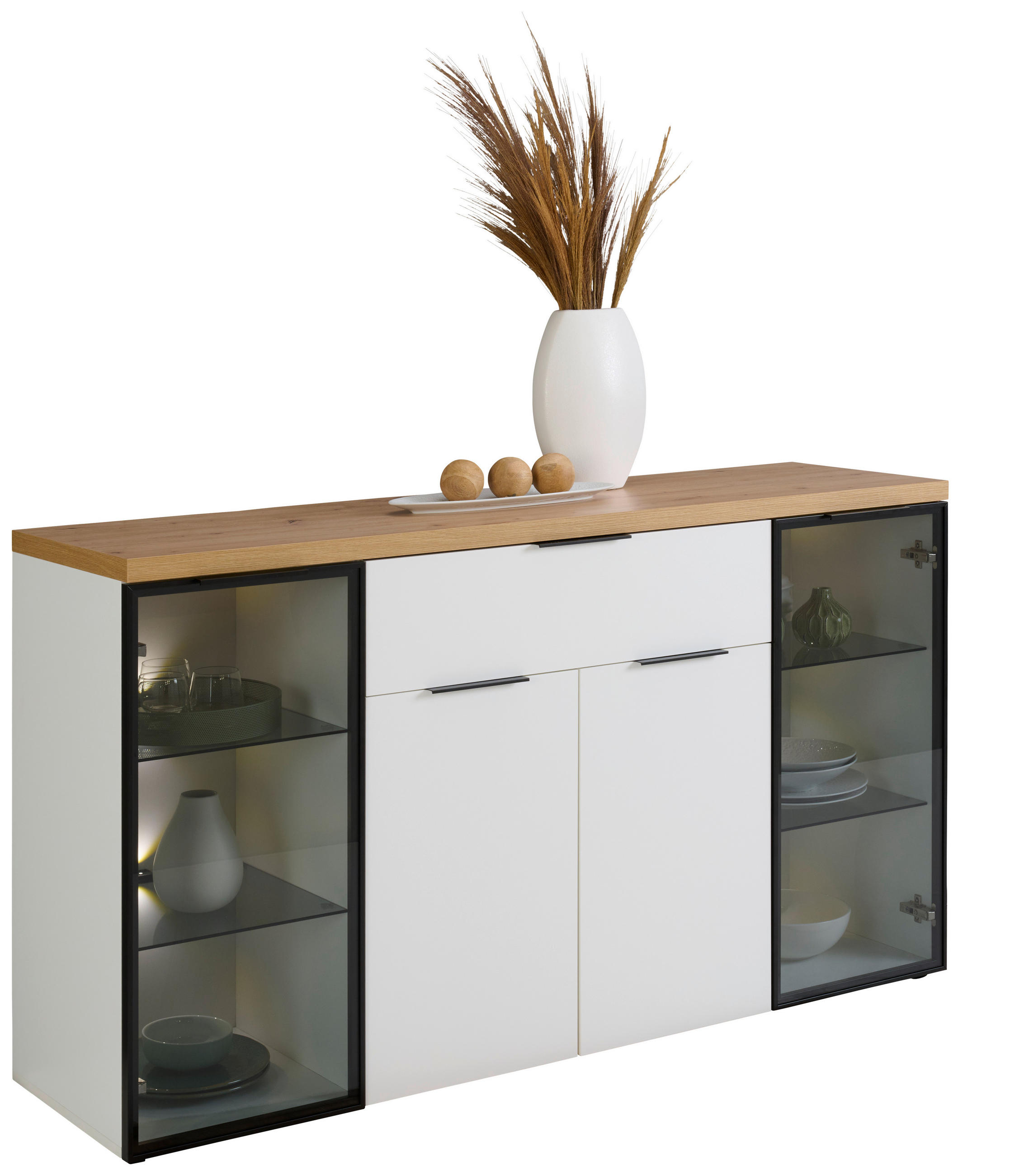 SIDEBOARD 160/90/43 cm  in Weiß, Eiche Artisan  - Eichefarben/Schwarz, Design, Glas/Holzwerkstoff (160/90/43cm) - Stylife