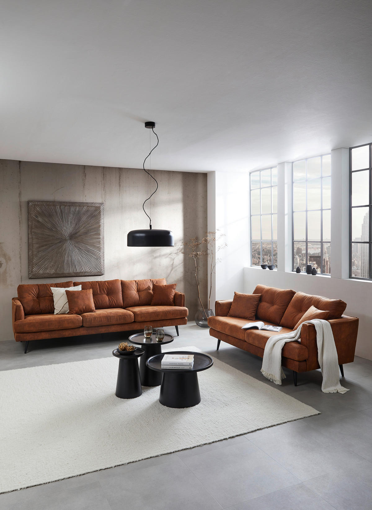 3-SITS SOFFA i läderimitation cognacfärgad  - cognacfärgad/svart, Design, trä/textil (257/89/92cm) - MID.YOU