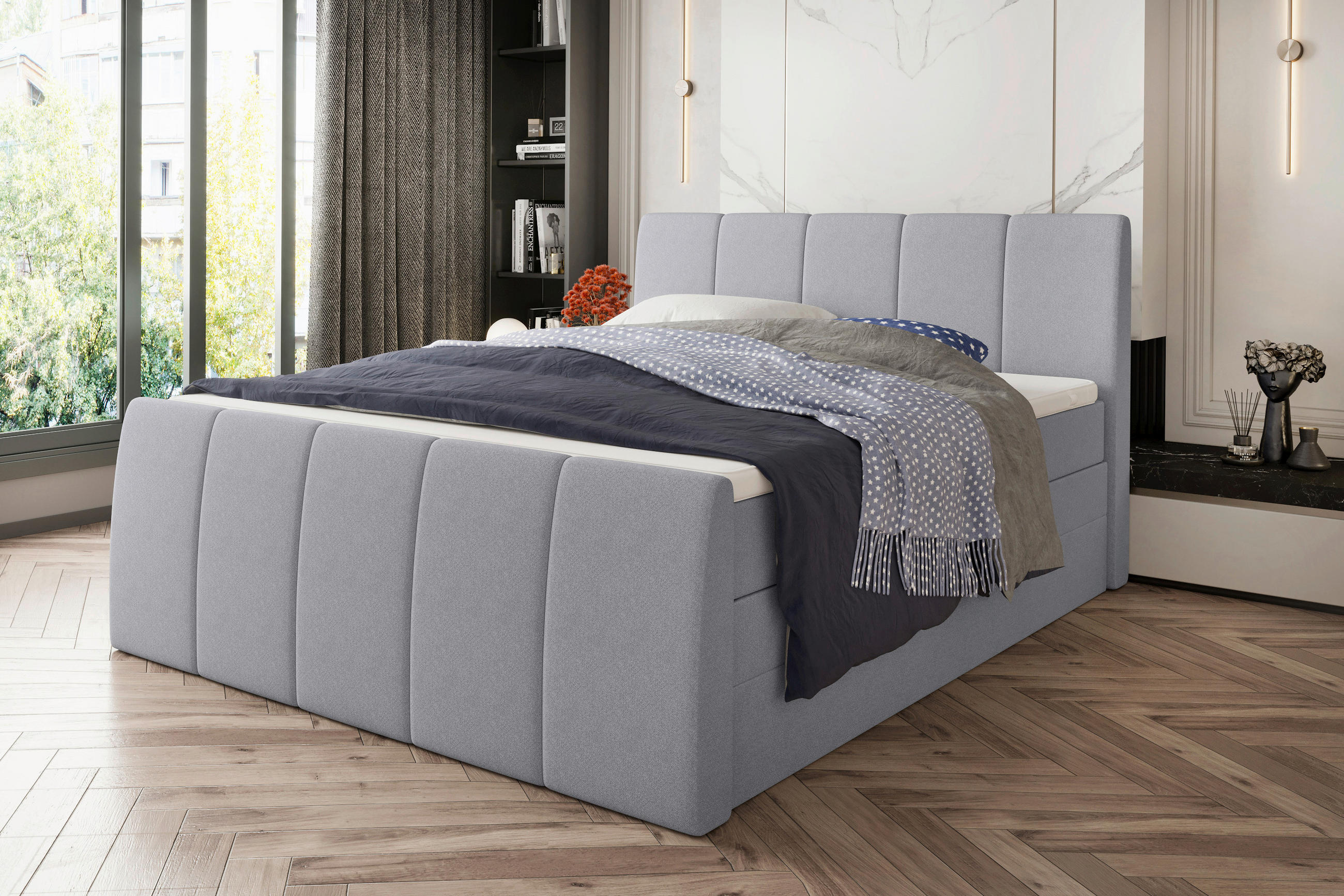 Thumbnail - Boxxx Boxspringbett, Hellgrau, Textil, H3, Höhe ca. 16 cm, 180x200 cm, Bettkasten, gepolstertes Kopfteil, Stoffauswahl, ...