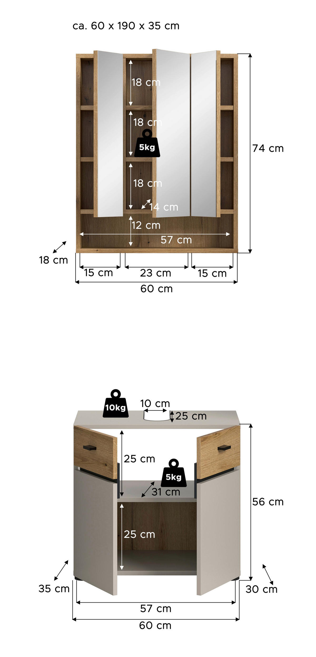 BADEZIMMER 2-teilig  in 60 cm  - Kaschmir/Eichefarben, Trend, Glas/Holzwerkstoff (60cm) - MID.YOU