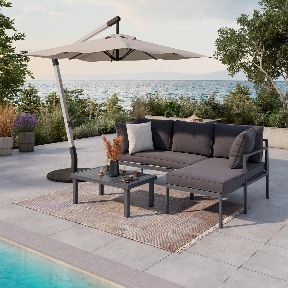 LOUNGEGARNITUR 3-teilig   117/66/62 cm  - Dunkelgrau, Modern, Textil/Metall (117/66/62cm) - Ambia Garden