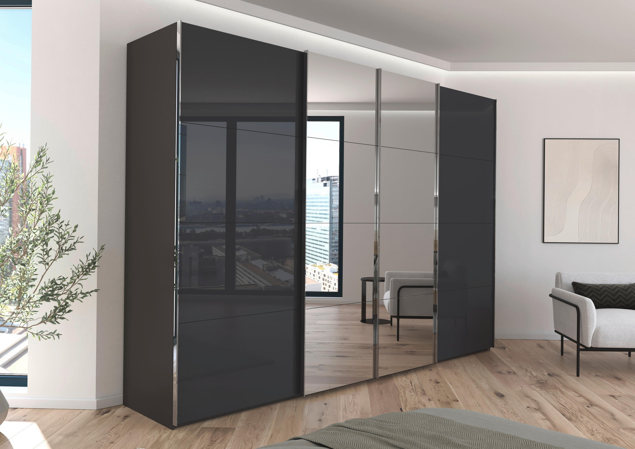 SCHWEBETÜRENSCHRANK 316/223/68 cm 4-türig Graphitfarben, Schwarz  - Chromfarben/Graphitfarben, Design, Glas/Holzwerkstoff (316/223/68cm) - Novel