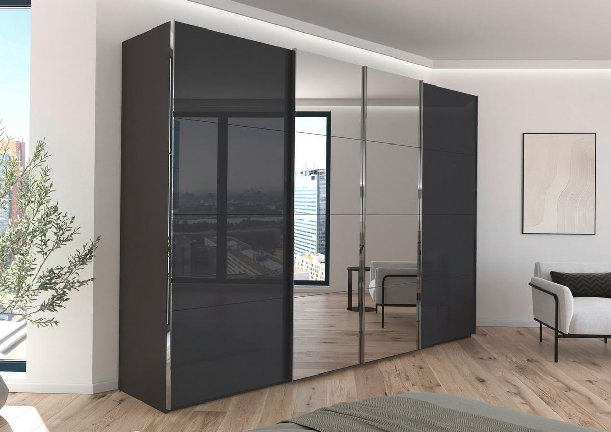 SCHWEBETÜRENSCHRANK 316/223/68 cm 4-türig Graphitfarben, Schwarz  - Chromfarben/Graphitfarben, Design, Glas/Holzwerkstoff (316/223/68cm) - Novel