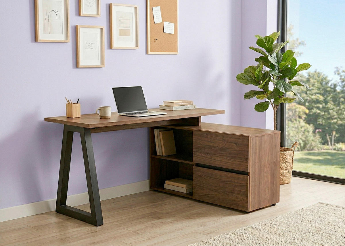 ECKSCHREIBTISCH 140/110/76 cm Schwarz, Walnussfarben Stauraum, seitenverkehrt montierbar  - Walnussfarben/Schwarz, Design, Holzwerkstoff (140/110/76cm) - MID.YOU