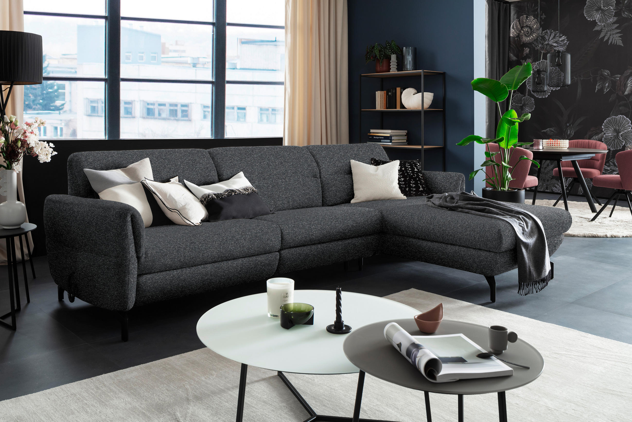 ECKSOFA Graphitfarben Chenille  - Schwarz/Graphitfarben, Design, Textil/Metall (299/187cm) - Schöner Wohnen